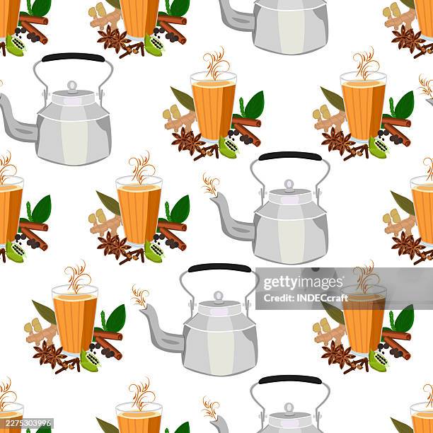 masala chai glass with kettle seamless pattern - nutmeg stock illustrations