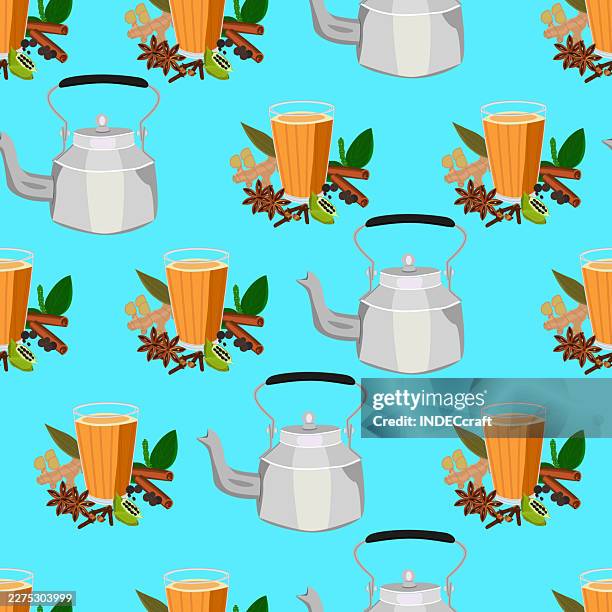 masala chai glass with kettle seamless pattern - cinnamon bread stock illustrations