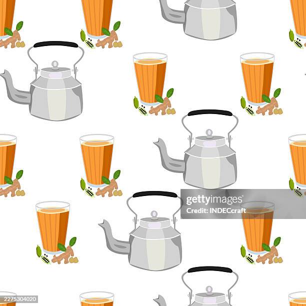 masala chai glass with kettle seamless pattern - nutmeg stock illustrations