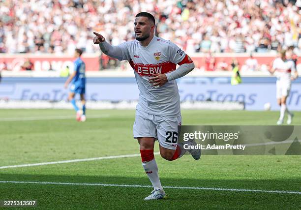 Deniz Undav of VfB Stuttgart celebrates scoring his team's third goal during the Bundesliga match between VfB Stuttgart and Bayer 04 Leverkusen at...