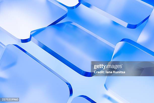 abstract blue transparent geometric shapes with glossy glass texture in futuristic 3d composition. modern background for digital technology, data flow, innovation, user interface design and corporate branding. - translucent stock pictures, royalty-free photos & images