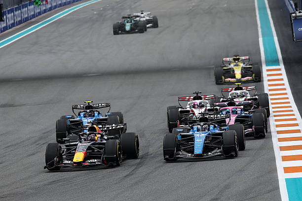 Max Verstappen of Red Bull Racing, Alexander Albon of Williams F1 Team, Franco Colapinto of Alpine F1 Team, and Carlos Sainz of Williams Racing...