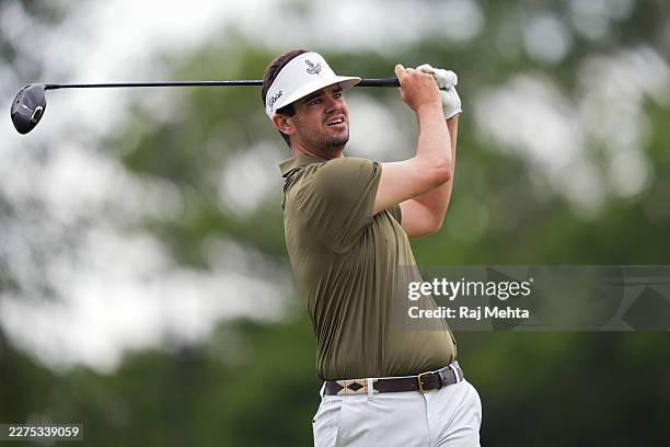 Beau Hossler of the United States plays his shot from the second tee during the third round of the ONEflight Myrtle Beach Classic 2026 at Dunes Golf...