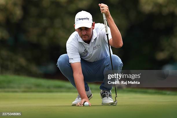 Mac Meissner of the United States lines up a putt on the eighth green during the third round of the ONEflight Myrtle Beach Classic 2026 at Dunes Golf...