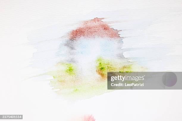 ilustrações de stock, clip art, desenhos animados e ícones de ethereal watercolor impression of a cottage in a misty landscape - aquarela sobre papel
