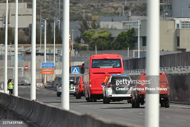 Buses with the Spanish citizens evacuated from the MV Hondius cruise ship anchored near the port of Granadilla, on 10 May, 2026 in Granadilla de...