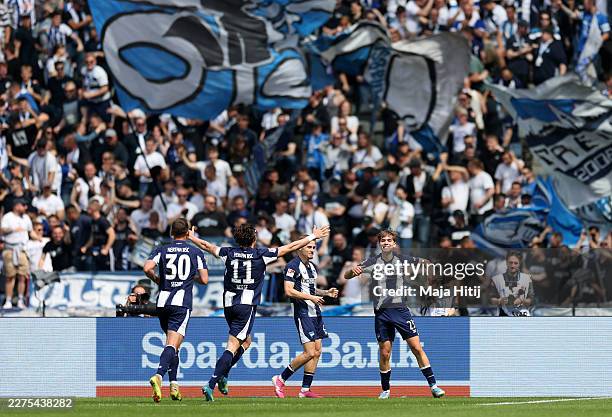 Kennet Eichhorn of Hertha BSC celebrates scoring his team's first goal with teammates during the 2. Bundesliga match between Hertha BSC and SpVgg...