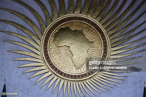 General view of the African Union logo at their headquarters in Addis Ababa on May 13, 2026.