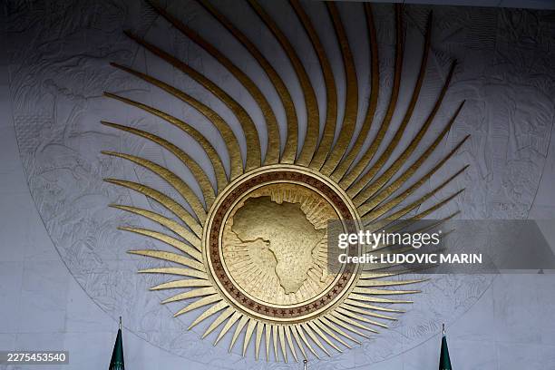 General view of the African Union logo at their headquarters in Addis Ababa on May 13, 2026.