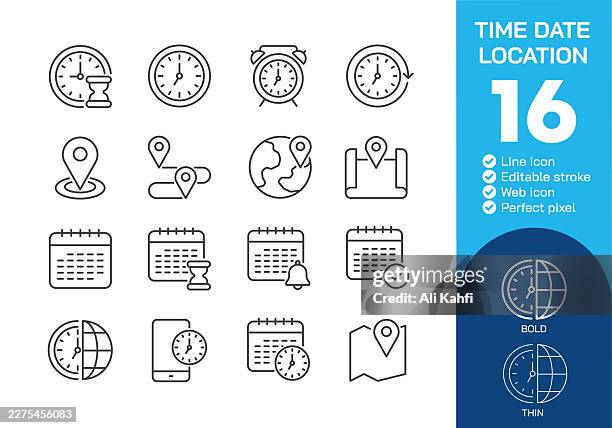 time, date and location thin line icons collection. editable stroke. vector illustration. icon for website design, logo, app, template, ui, infographic etc - time vector stock illustrations