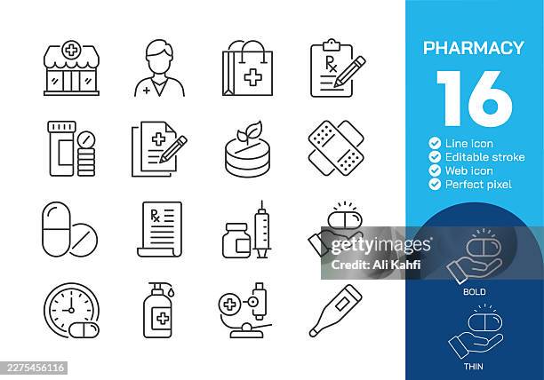 pharmacy thin line icons collection. editable stroke. vector illustration. icon for website design, logo, app, template, ui, infographic etc - birth control injection stock illustrations