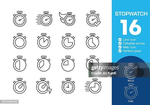 stopwatch thin line icons collection. editable stroke. vector illustration. icon for website design, logo, app, template, ui, infographic etc - running checking watch stock illustrations
