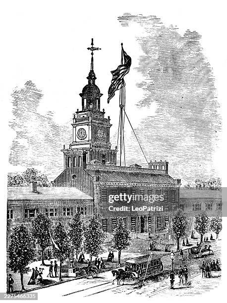 the iconic independence hall during the centennial exposition year of 1876 in philadelphia - declaration of independence stock illustrations