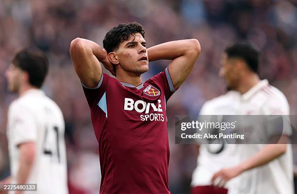 Mateus Fernandes of West Ham United reacts after missing a chance during the Premier League match between West Ham United and Arsenal at London...