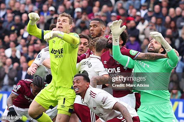 Pablo of West Ham United fouls David Raya of Arsenal resulting in a late equalising goal for West Ham being disallowed by VAR during the Premier...