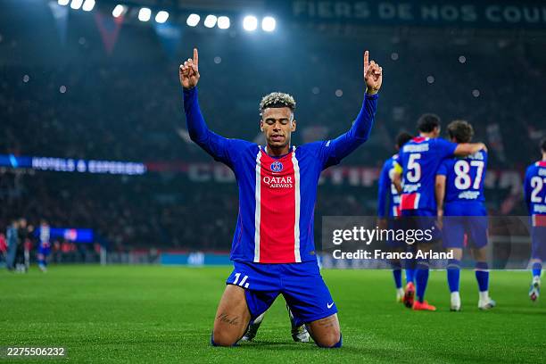 Desire Doue of PSG celebrates after scoring his team's first goal during the Ligue 1 McDonald's match between Paris Saint-Germain FC and Stade...