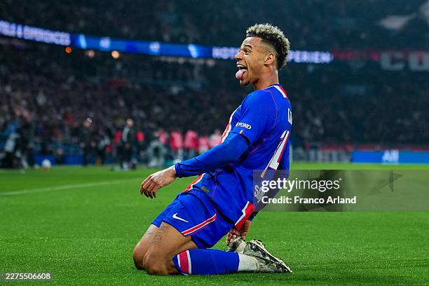 Desire Doue of PSG celebrates after scoring his team's first goal during the Ligue 1 McDonald's match between Paris Saint-Germain FC and Stade...