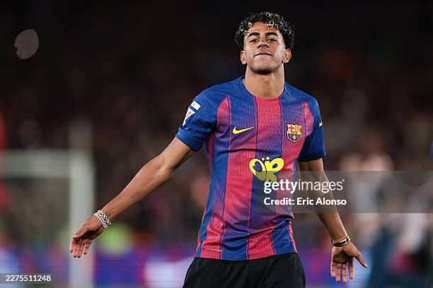 Lamine Yamal of FC Barcelona celebrates the victory during the LaLiga EA Sports match between FC Barcelona and Real Madrid CF at Spotify Camp Nou on...