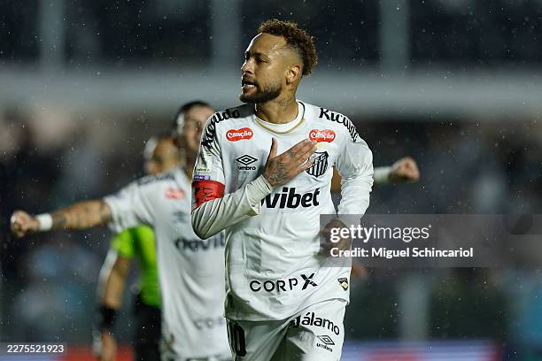 Neymar of Santos celebrates after scoring his team's first goal during a match between Santos and Bragantino as part of Brasileirao 2026 at Vila...