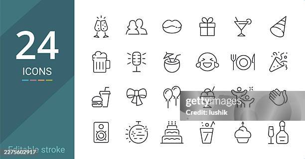 party theme icon set. editable stroke weight. pixel perfect icons. - party popper stock illustrations