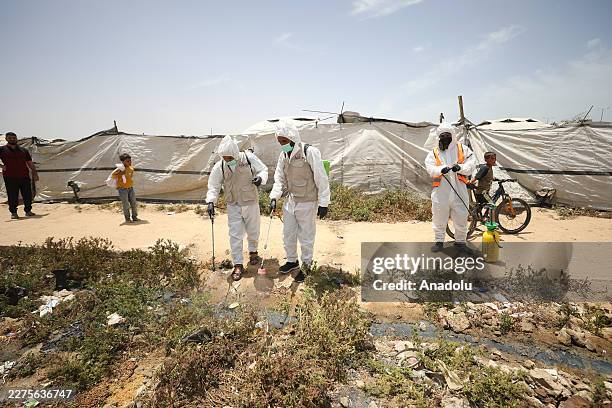 Palestinian teams conduct fumigation against rodents and insects in a tent camp in Gaza's Bureij Camp as infectious diseases increase due to...