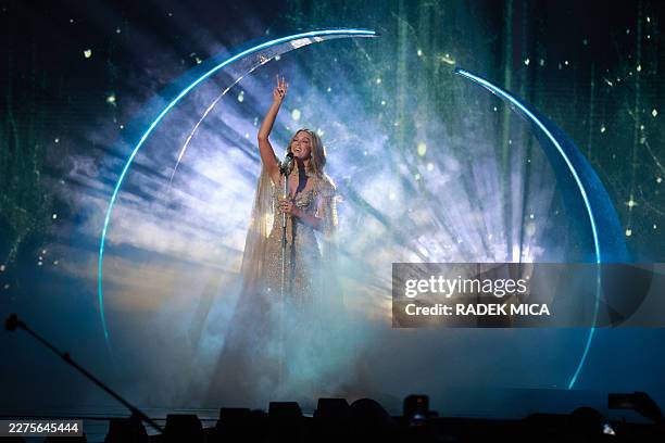 Australian singer Delta Goodrem, representing Australia with the song 'Eclipse', performs during a dress rehearsal for the second semi-final of the...