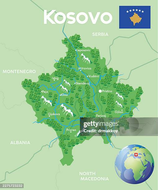 kosovo map: forests, mountains & cities - pristina stock illustrations
