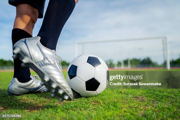 kick the soccer ball into the soccer goal net. the surface of the soccer goal in a big stadium. - shooting at goal stock pictures, royalty-free photos & images