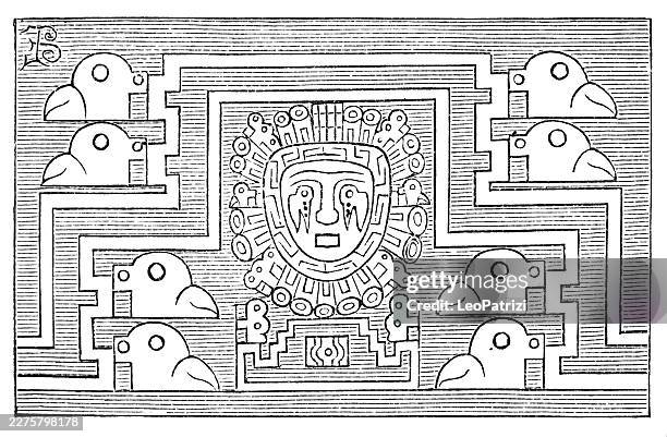 intricate peruvian ornament featuring stylized beak-heads and a central rayed deity from the monolithic gate of the sun at tiahuanaco - mayan stock illustrations