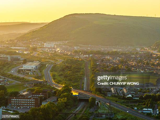 scenic aerial view port talbot townscape sunset - south wales stock pictures, royalty-free photos & images