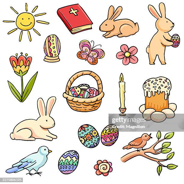 easter doodle illustration set featuring rabbits, decorated eggs, basket, candle, cake, cross book, flower, butterfly, birds, branch, and smiling sun in a playful hand drawn spring holiday style - easter cross stock illustrations