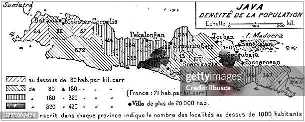 map and diagrams from old french atlas (1899): population density, java, indonesia - ageing population stock illustrations
