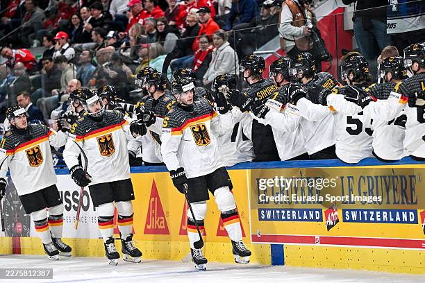 Stefan Loibl of Germany celebrates his goal during the 2026 IIHF Ice Hockey World Championship Switzerland game between Finland and Germany at Swiss...