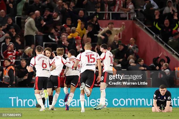 Shea Charles of Southampton celebrates scoring his team's second goal with teammates during the Sky Bet Championship Play Off Semi Final Second Leg...