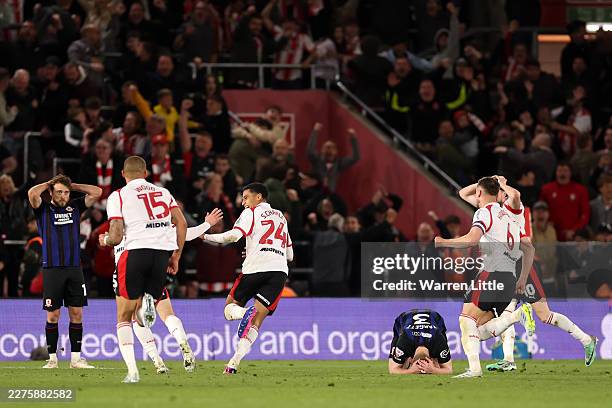 Shea Charles of Southampton celebrates scoring his team's second goal with teammates during the Sky Bet Championship Play Off Semi Final Second Leg...