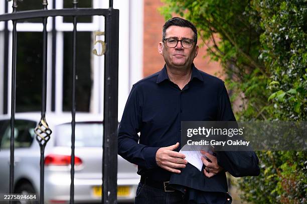 Andy Burnham can be seen leaving his home as he makes his way to Wembley to watch the FA Cup Final on May 16, 2026 in Warrington, United Kingdom. On...