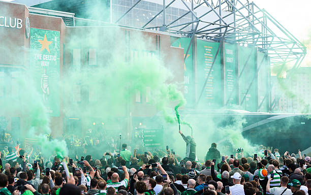 Celtic fans outside the stadium before a William Hill Premiership match between Celtic and Heart of Midlothian at Celtic Park, on May 16 in Glasgow,...