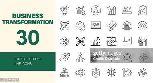geschäftstransformations-icon-set. editierbare liniensymbole. vektorillustration. - globalisierung stock-grafiken, -clipart, -cartoons und -symbole