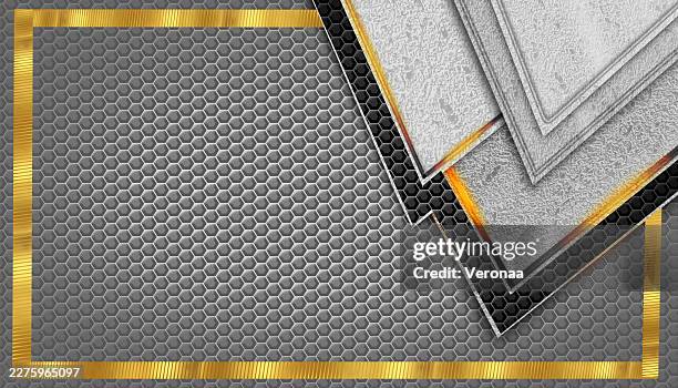 black gray gradient and gold background with hexagonal shapes and frame border. beautiful modern template for banner, flyer, business, cover, marketing, brochure... - chrome texture stock illustrations