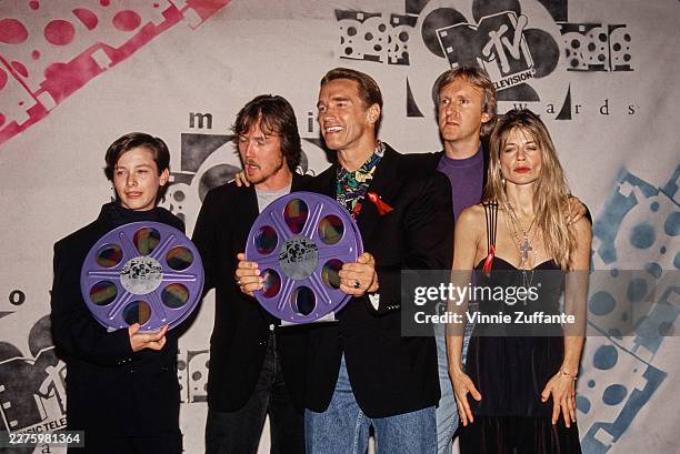 Judgment Day' cast members : American actor Edward Furlong, American actor Robert Patrick, Austrian and American actor Arnold Schwarzenegger,...