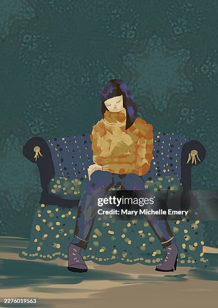 thoughtful - dark living room stock illustrations