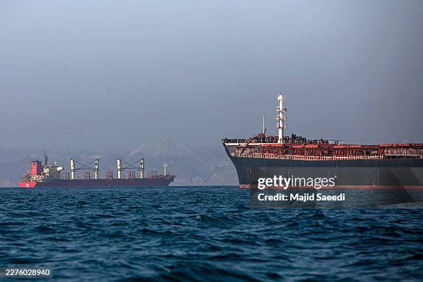 Ships remain anchored on May 16, 2026 in the Strait of Hormuz near Larak Island, Iran. Negotiations between the U.S. And Iran over opening this...