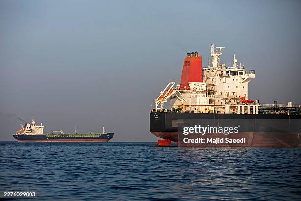 Ships remain anchored on May 16, 2026 in the Strait of Hormuz near Larak Island, Iran. Negotiations between the U.S. And Iran over opening this...