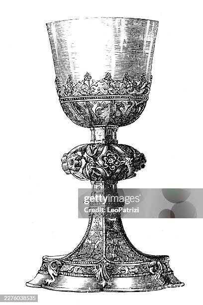 reference illustration showcasing the ornate relief work and multi-tiered structure of a fourteenth-century silver-gilt ecclesiastical chalice - chalice stock illustrations