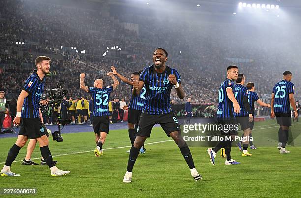 Marcus Thuram of FC Internazionale Milano celebrates his side's first goal, an own goal by Adam Marusic of Lazio , during the Coppa Italia Final...