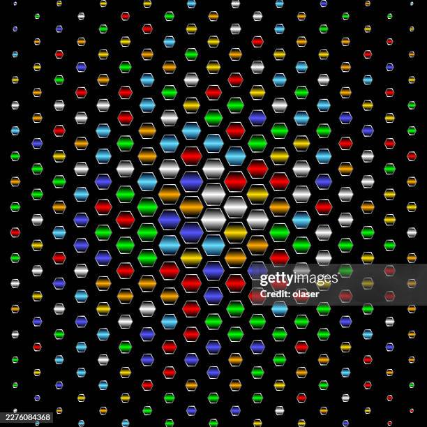 colored metallic pattern equal sized hexagons, each with gradient. radial size gradient. - multiple reflections stock illustrations