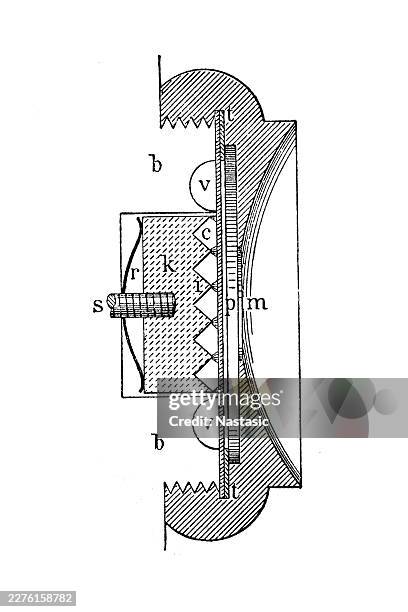 vintage technical illustration of a carbon point microphone engraving - thomas edison stock illustrations