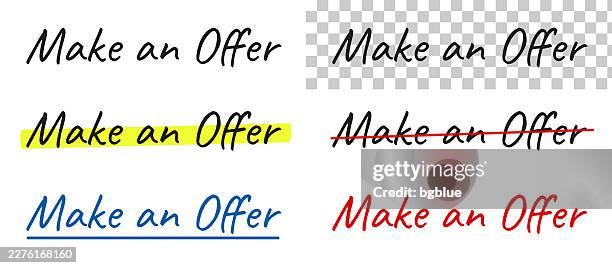 make an offer - handwritten text, highlighted, crossed out, underlined on blank background - bid stock illustrations