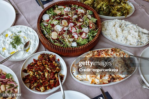 Traditional Turkish meze and appetizers on dinner table Traditional Turkish meze and appetizers on dinner table