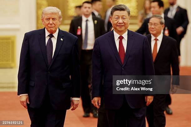 President Donald Trump arrives for a state banquet hosted by Chinese President Xi Jinping at the Great Hall of the People on May 14, 2026 in Beijing,...